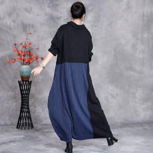 Blue Stripes Loose Black Turtleneck Sweater Dress