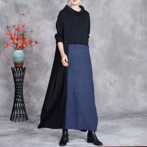 Blue Stripes Loose Black Turtleneck Sweater Dress