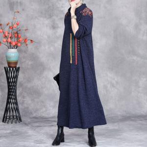 Colorful Ribbons High Collar Blue Sweater Dress
