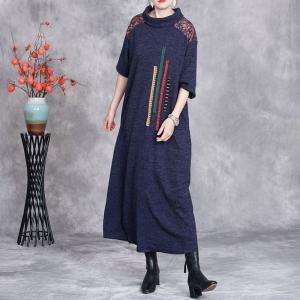 Colorful Ribbons High Collar Blue Sweater Dress