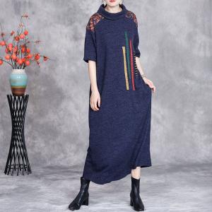 Colorful Ribbons High Collar Blue Sweater Dress