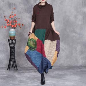 Turtleneck High Waist Colorful Tied Sweater Dress