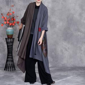 Front Tied Gray Contrast Asymmetrical Knit Cardigan
