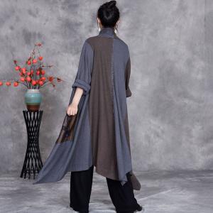 Front Tied Gray Contrast Asymmetrical Knit Cardigan