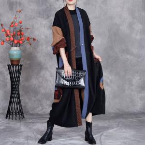 Puff Sleeves Colorful Patchwork Knit Cardigan Coat