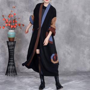Puff Sleeves Colorful Patchwork Knit Cardigan Coat