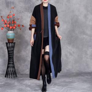 Puff Sleeves Colorful Patchwork Knit Cardigan Coat