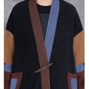 Puff Sleeves Colorful Patchwork Knit Cardigan Coat
