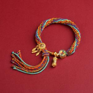 Tibetan Handwoven Cotton Bracelet with Six-Word Mantra and Prayer Wheel Design