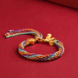 Tibetan Handwoven Cotton Bracelet with Six-Word Mantra and Prayer Wheel Design