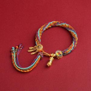Tibetan Handwoven Cotton Bracelet with Six-Word Mantra and Prayer Wheel Design