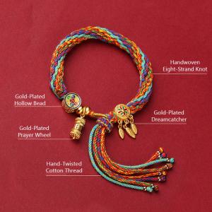 Tibetan Handwoven Cotton Bracelet with Six-Word Mantra and Prayer Wheel Design