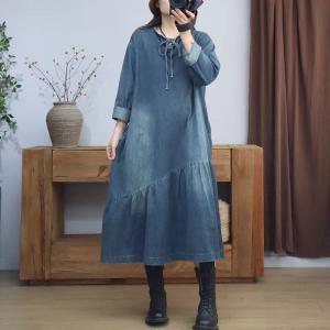 Lace Up Collar Stone Wash Denim Fishtail Dress