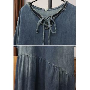 Lace Up Collar Stone Wash Denim Fishtail Dress
