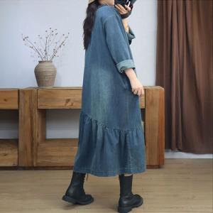 Lace Up Collar Stone Wash Denim Fishtail Dress