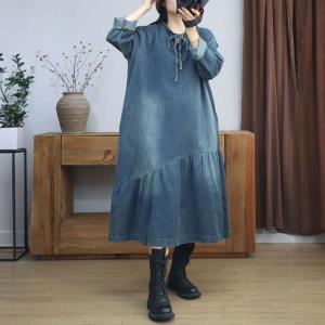 Lace Up Collar Stone Wash Denim Fishtail Dress