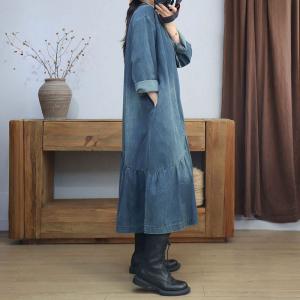 Lace Up Collar Stone Wash Denim Fishtail Dress