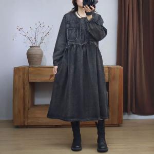 Chest Pockets High Waist A-Line Jean Dress