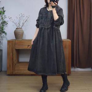 Chest Pockets High Waist A-Line Jean Dress