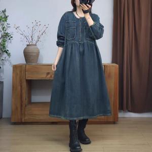Chest Pockets High Waist A-Line Jean Dress