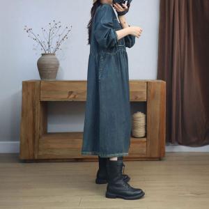 Chest Pockets High Waist A-Line Jean Dress