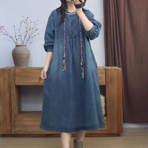 Loose-Fitting Puff Sleeves Denim Shift Dress