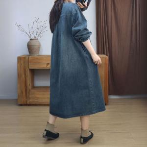 Loose-Fitting Puff Sleeves Denim Shift Dress