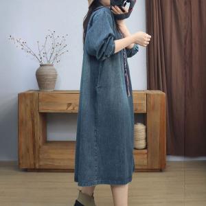 Loose-Fitting Puff Sleeves Denim Shift Dress
