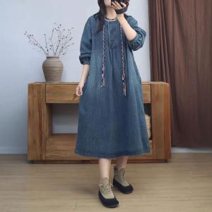 Loose-Fitting Puff Sleeves Denim Shift Dress