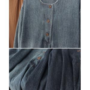Loose-Fitting Puff Sleeves Denim Shift Dress