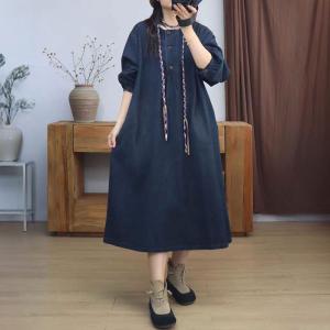 Loose-Fitting Puff Sleeves Denim Shift Dress
