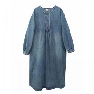 Loose-Fitting Puff Sleeves Denim Shift Dress