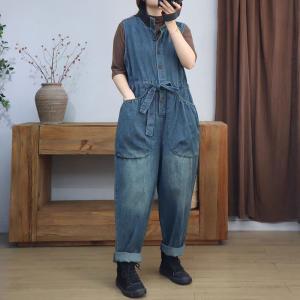 High Collar Tied Waist Sleeveless Jumpsuits