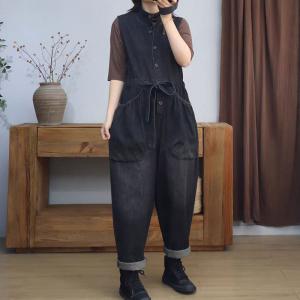 High Collar Tied Waist Sleeveless Jumpsuits