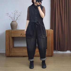 High Collar Tied Waist Sleeveless Jumpsuits