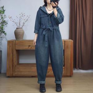 BF Style Tied Waist Jean Hooded Jumpsuits