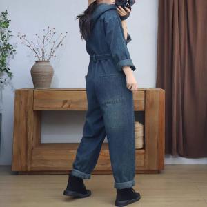 BF Style Tied Waist Jean Hooded Jumpsuits