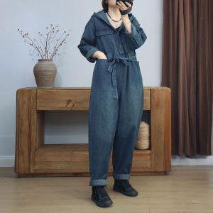 BF Style Tied Waist Jean Hooded Jumpsuits