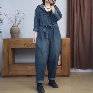 BF Style Tied Waist Jean Hooded Jumpsuits