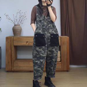 Black Pockets Front Zip Sleeveless Camo Overalls