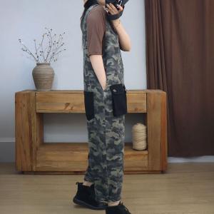 Black Pockets Front Zip Sleeveless Camo Overalls