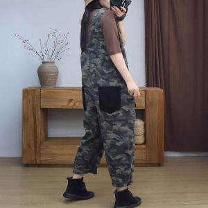 Black Pockets Front Zip Sleeveless Camo Overalls