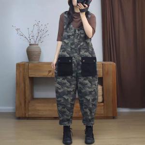 Black Pockets Front Zip Sleeveless Camo Overalls