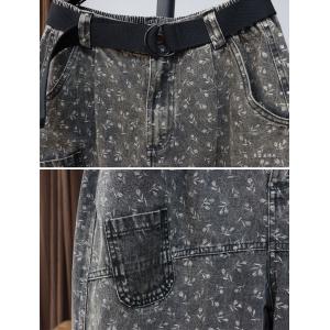 Black Gray Floral High Rise Jeans for Women