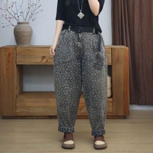 Black Gray Floral High Rise Jeans for Women