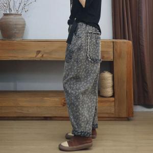 Black Gray Floral High Rise Jeans for Women