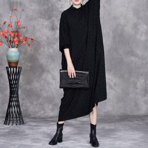 High Collar Elegant Black Cashmere Dress
