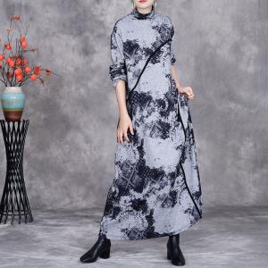 Black Patterned High Collar Gray Jersey Dress