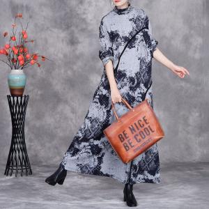 Black Patterned High Collar Gray Jersey Dress