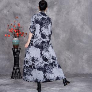 Black Patterned High Collar Gray Jersey Dress